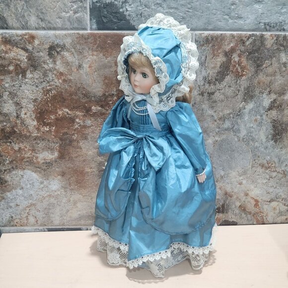 VTG Porcelain Doll Green Eyes Blue Satin Dress White Lace Trim Matching Bonnet - Picture 4 of 14